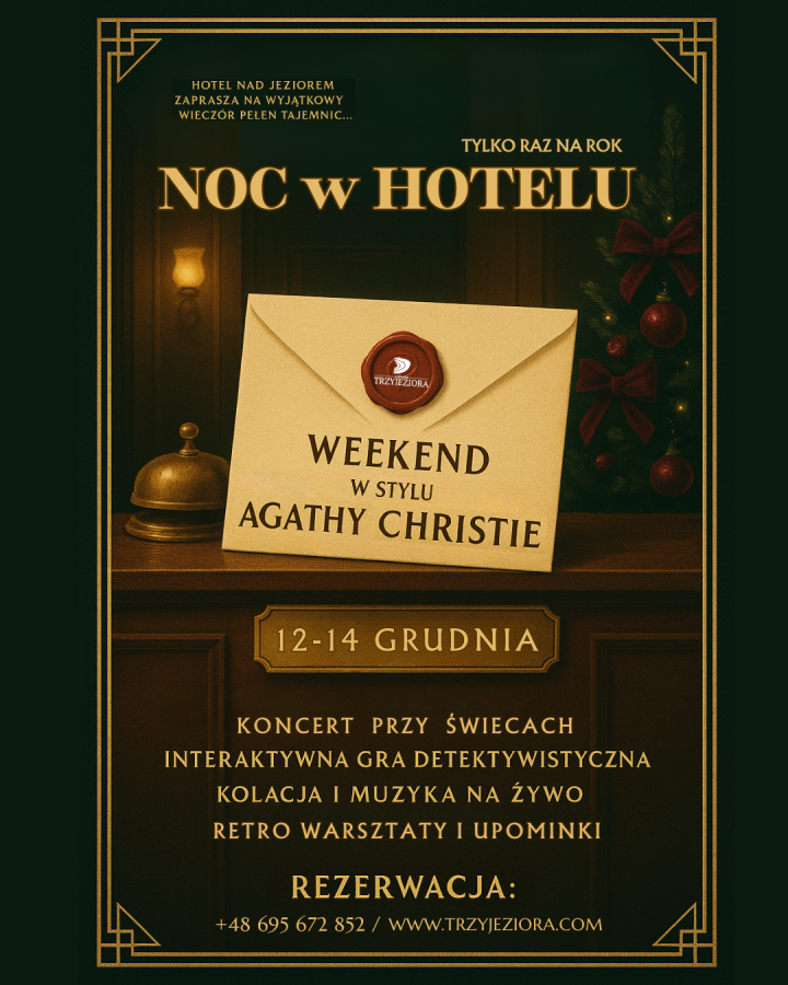Weekend w stylu Agathy Christie w Hotel Trzy Jeziora, retro recepcja, koperta zapieczętowana woskiem, choinka z kokardkami w kolorze wina