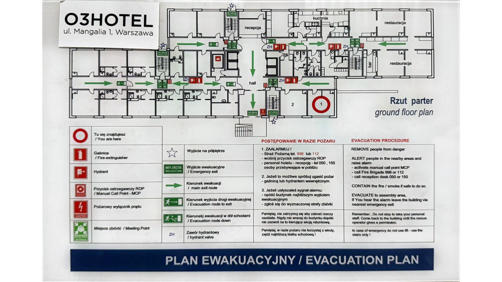 Evacuation plan &ndash; ground floor, Hotel O3, ul. Mangalia 1, Warsaw