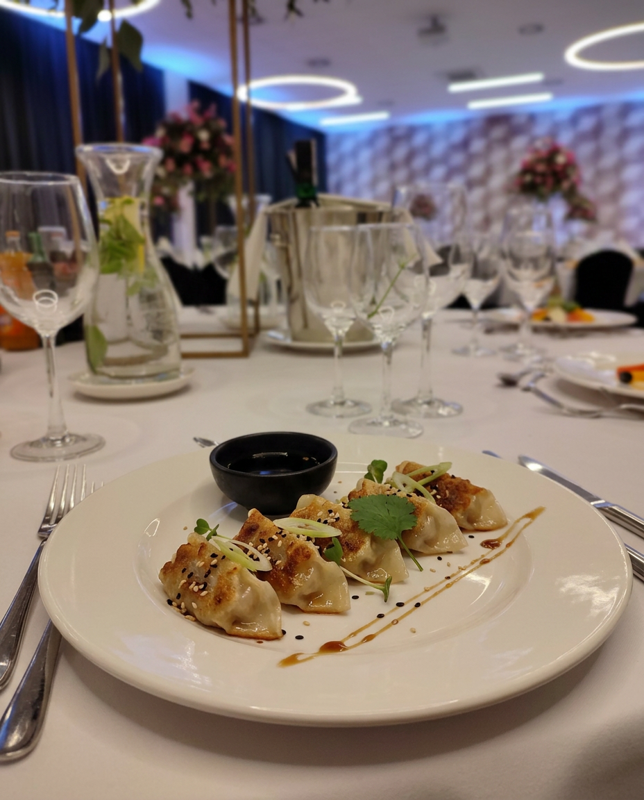 Elegant Oriental-cuisine appetizer — gyoza dumplings with ponzu sauce at a banquet in o3Hotel