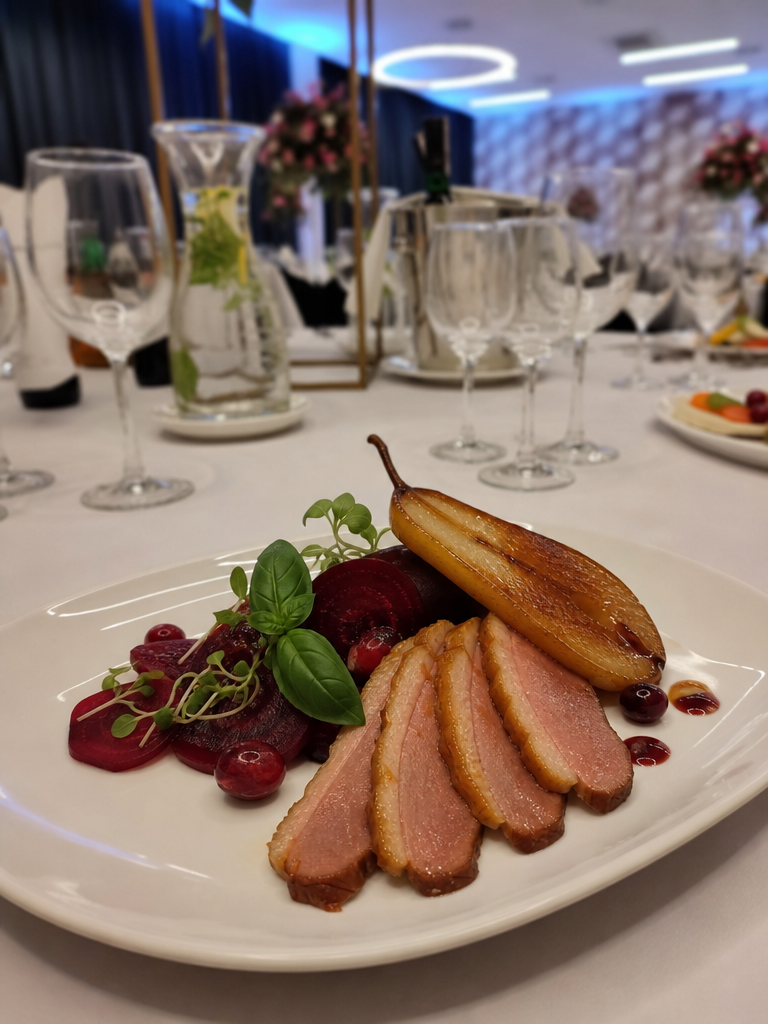 Elegant Polish-cuisine appetizer — smoked duck breast with pear and walnuts at a banquet in o3Hotel